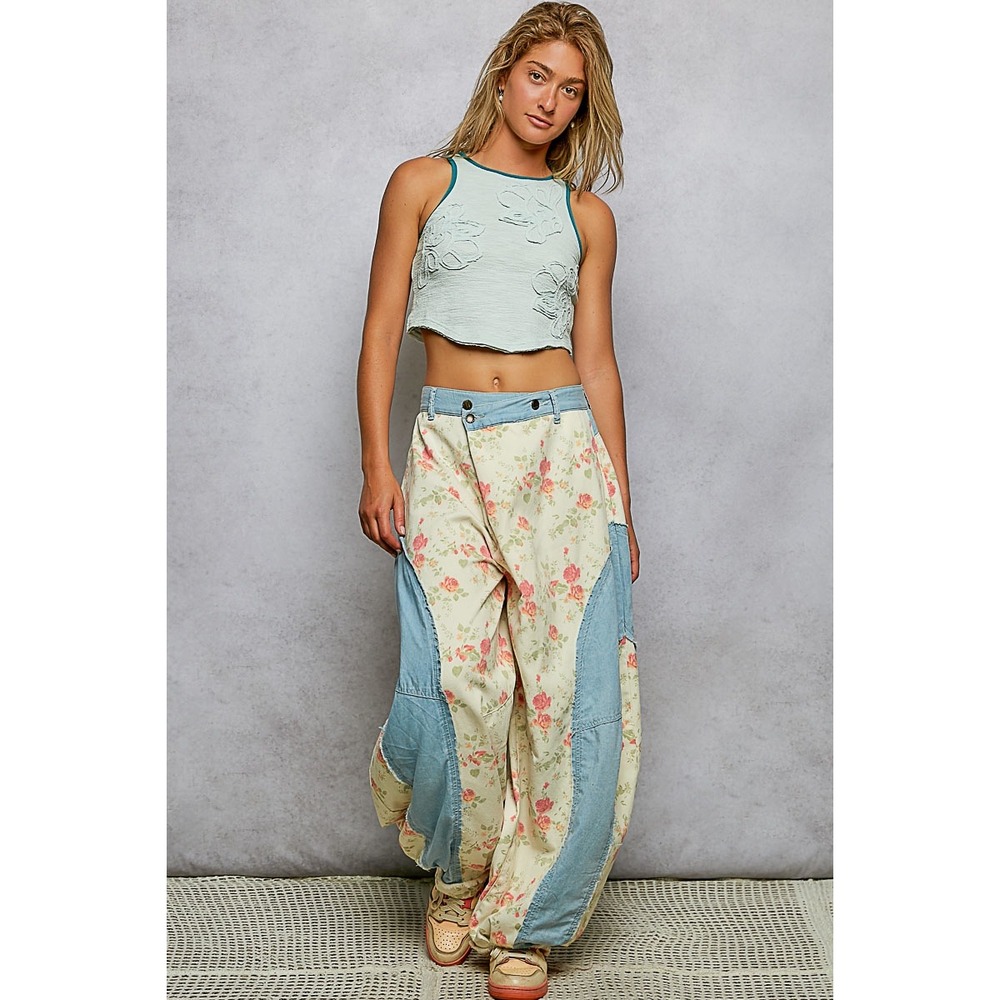 POL Floral Patchwork Barrel Fit Cotton Pants High Rise Trousers LARGE